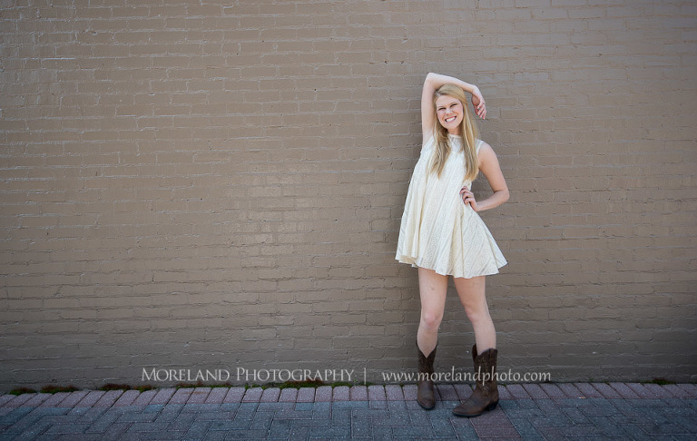 mikemoreland, morelandphoto, sweet, girly, outdoors, long shot, soft lighting, big smile, white dress, boots, posing