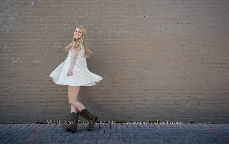 mikemoreland, morelandphoto, sweet, girly, outdoors, long shot, soft lighting, big smile, white dress, boots, spinning