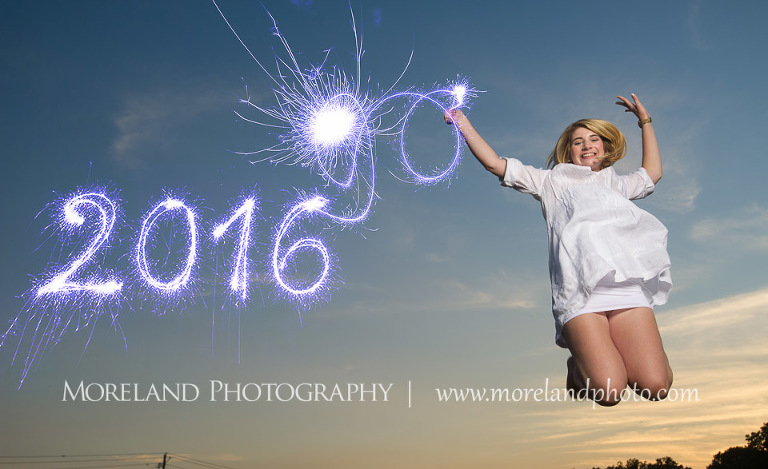 High school senior jumping up in the air with the year 2016 next to her, Roswell Senior Photography, Atlanta Senior Portraits, Senior Photography, Atlanta Senior Photography, Moreland Photography, Mike Moreland, Class of 2016, mikemoreland, morelandphoto, excitement, fireworks, class of 2016, sunset skies, country girl, sparkling future