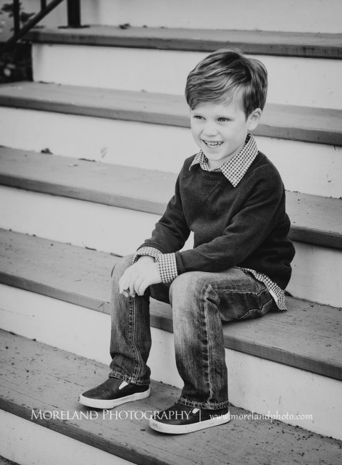 Little boy smiling as he sits on the steps , Atlanta Family Photography, Family Photographer Atlanta, Atlanta Photographer, Moreland Photography, Mike Moreland, Four kids, Large family, Fall Family Pictures, 