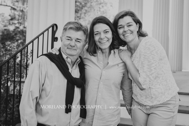 Black and white portarit of dad and two older daughters outside during the daytime standing on steps of house, Family Moreland Photography, Atlanta Portrait Photographer, Atlanta Child Photographer, Atlanta Family Photographer, Moreland Photography, Mike Moreland