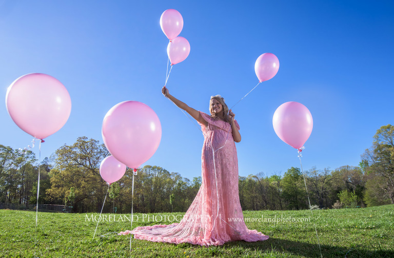 Pregnant woman wearing a pink lace dress holds pink balloons, Atlanta Maternity Photographer, Maternity Photos Atlanta, Georgia Maternity Photography, Moreland Photography, Mike Moreland, Outdoor Maternity, Maternity on the River, 