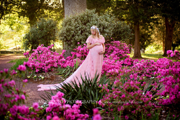 Nature Maternity, Pregnant woman wearing a pink dress as she walks though a field of pink flowers, Nature Maternity, Atlanta Maternity Photographer, Maternity Photos Atlanta, Georgia Maternity Photography, Moreland Photography, Mike Moreland, Outdoor Maternity, Maternity on the River, 