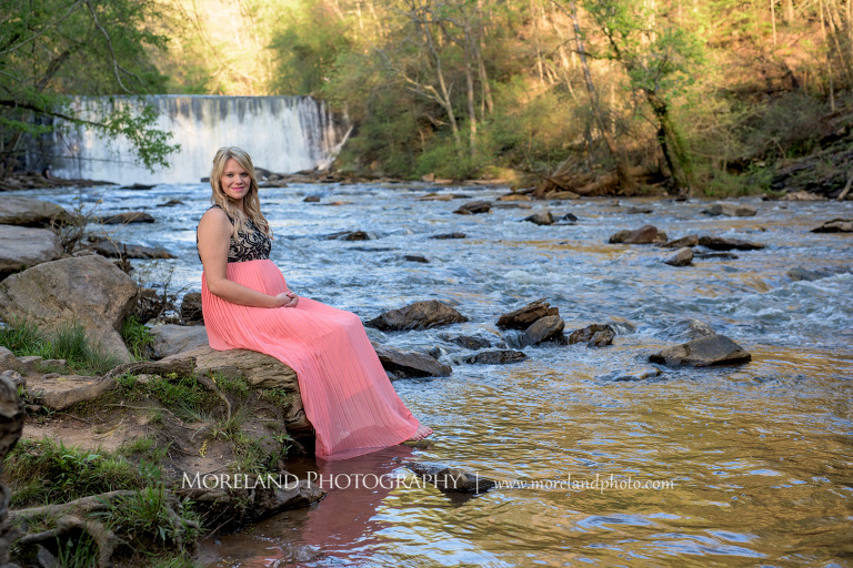 Nature Maternity, Pregnant woman sitting on a rock with a waterfall in the background, Atlanta Maternity Photographer, Maternity Photos Atlanta, Georgia Maternity Photography, Moreland Photography, Mike Moreland, Outdoor Maternity, Maternity on the River, 