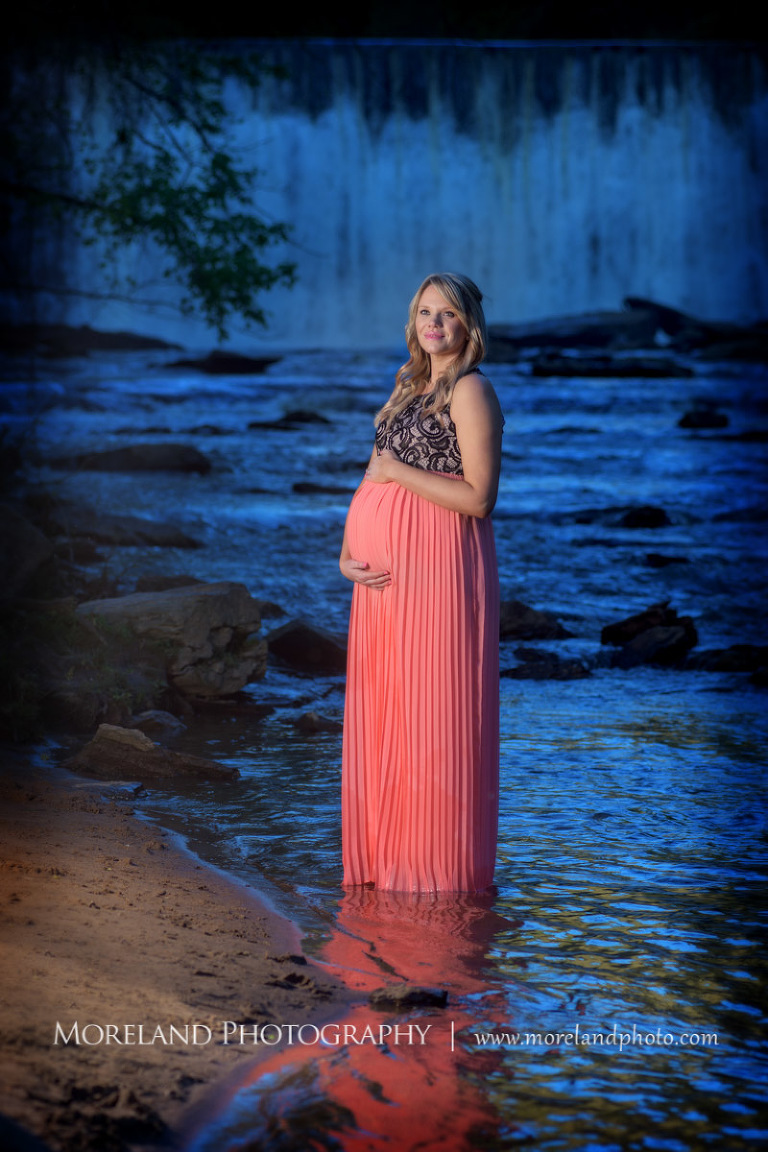 Nature Maternity, Pregnant woman standing in a river touching her stomach with a waterfall in the background, Atlanta Maternity Photographer, Maternity Photos Atlanta, Georgia Maternity Photography, Moreland Photography, Mike Moreland, Outdoor Maternity, Maternity on the River, 