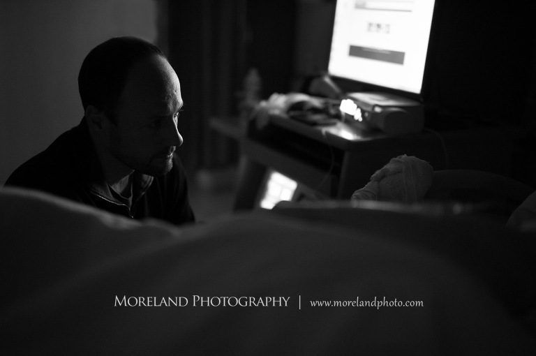 Grey-scale image of a father looking at his wife while she is in labor, Atlanta Newborn Photography, Newborn Photographer Atlanta, Birth Photography, Natural Birth Photography, Hospital Photographer, Moreland Photography, Mike Moreland