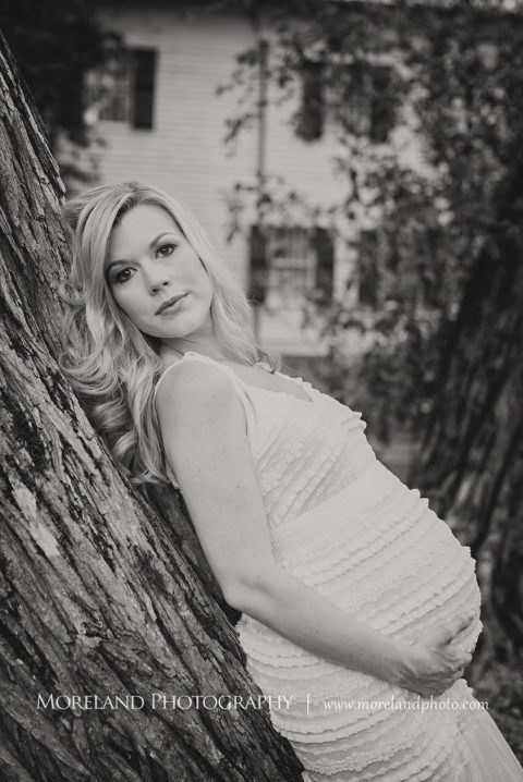Black and white portrait of pregnant woman holding her belly leaning against a tree, Maternity Photography, Atlanta Maternity, Lifestyle Maternity Photography, Styled Maternity Shoot, Moreland Photography, Mike Moreland, Outdoor Maternity, Nature Maternity, 