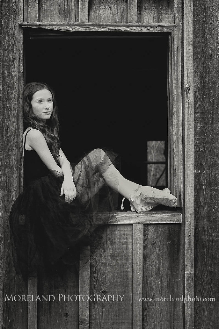 girl ballerina sitting in barn window, Childen Ballet, Child Portraits, Atlanta Photgraphy, Moreland Photography, Roswell Portraits, ballet shoes, dancer, black and white,
