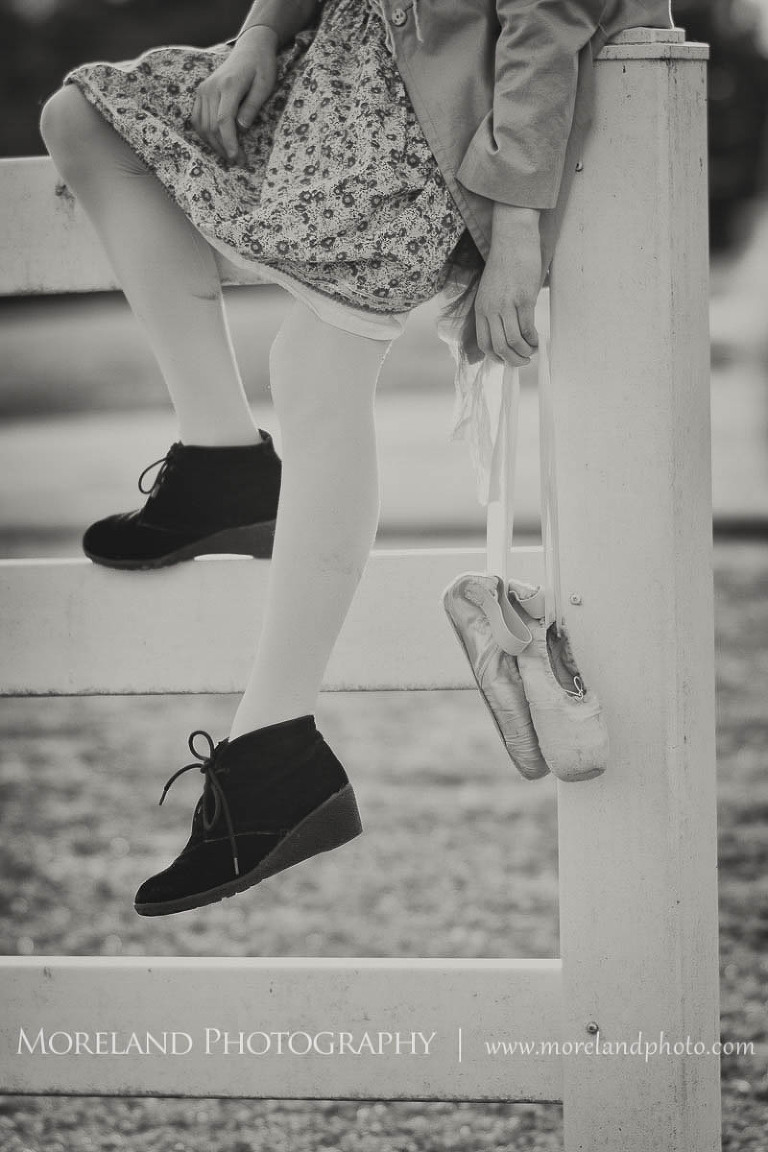 black and white shoes and girls legs on white fence, Childen Ballet, Child Portraits, Atlanta Photgraphy, Moreland Photography, Roswell Portraits, ballet shoes, dancer, black and white,