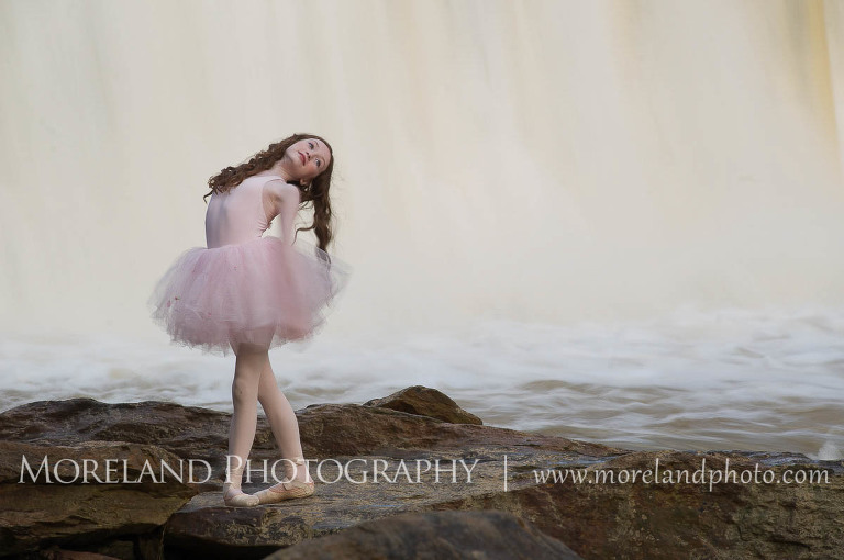 Ballerina dancing on rocks near waterfall, Childen Ballet, Child Portraits, Atlanta Photgraphy, Moreland Photography, Roswell Portraits, ballet shoes, ballet dancer, waterfall,