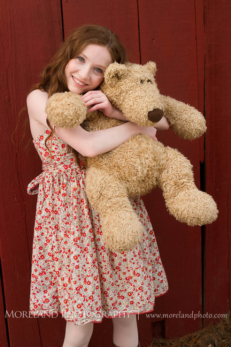 girl in red and yellow floral dress squezes teddy bear, Childen Ballet, Child Portraits, Atlanta Photgraphy, Moreland Photography, Roswell Portraits, ballet shoes, dancer, 