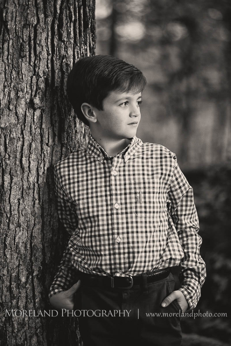 Black and white portait of boy standing by tree, Twin Portraits, Child Portraits, Atlanta Photgraphy, Moreland Photography, Roswell Portraits, twins, tree, brother,