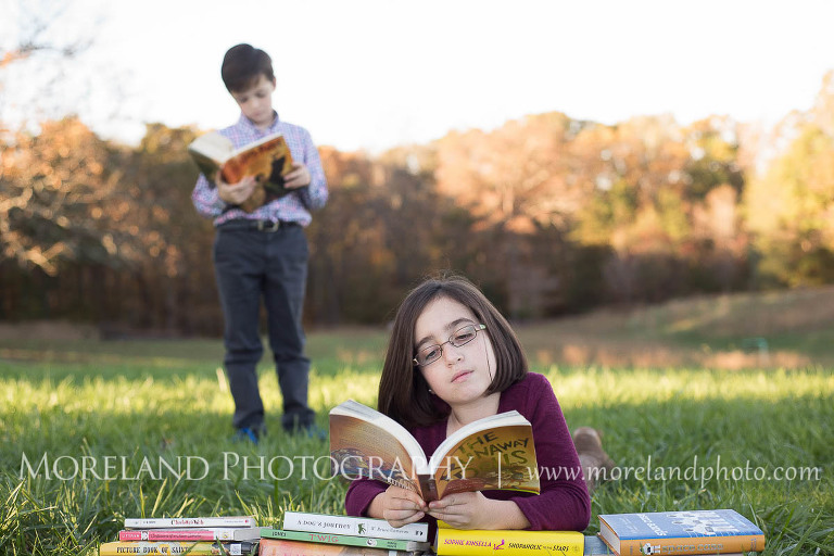 Brother and sister reading together in grass field, Twin Portraits, Child Portraits, Atlanta Photgraphy, Lifestyle photography, Moreland Photography, Roswell Portraits, twins, tall grass, brother, sister, reading,