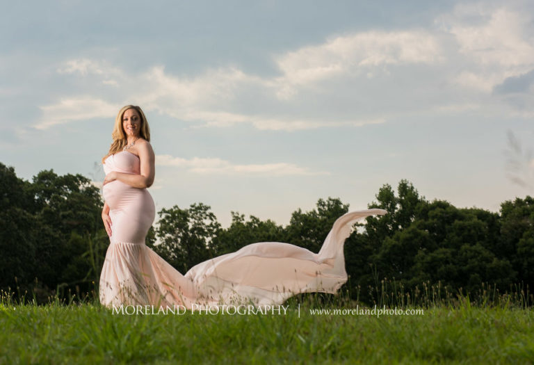 Pregnant woman standing in field wearing pink, flowy maternity dress, Mike Moreland, Moreland Photography, Atlanta Portrait Photographer, Maternity Photography Atlanta
