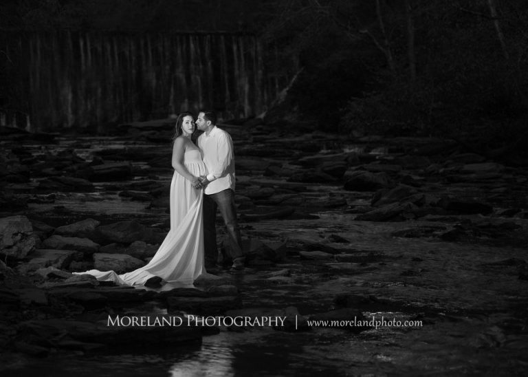 Black and white maternity shot of mother and father with waterfall in background, Mike Moreland, Moreland Photography, Atlanta Portrait Photographer, Maternity Photography Atlanta, New Born Photography, New Born Photography Atlanta, Baby, Downtown Atlanta, Family, Mother, Father, Outdoors Photo shoot, Waterfall, Black and white 