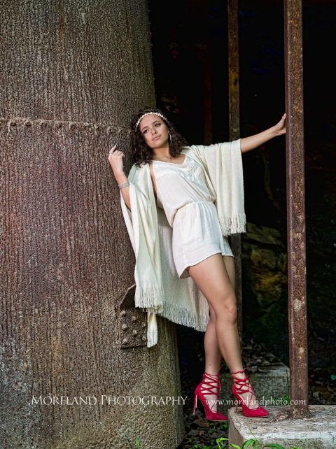 Mike Moreland, Moreland Photography, Senior Photography, Atlanta Portrait Photographer, Photography Atlanta, Rustic Background, Fashion Photography, Red, Red Heels, Red Tie-ups, White dress, head band